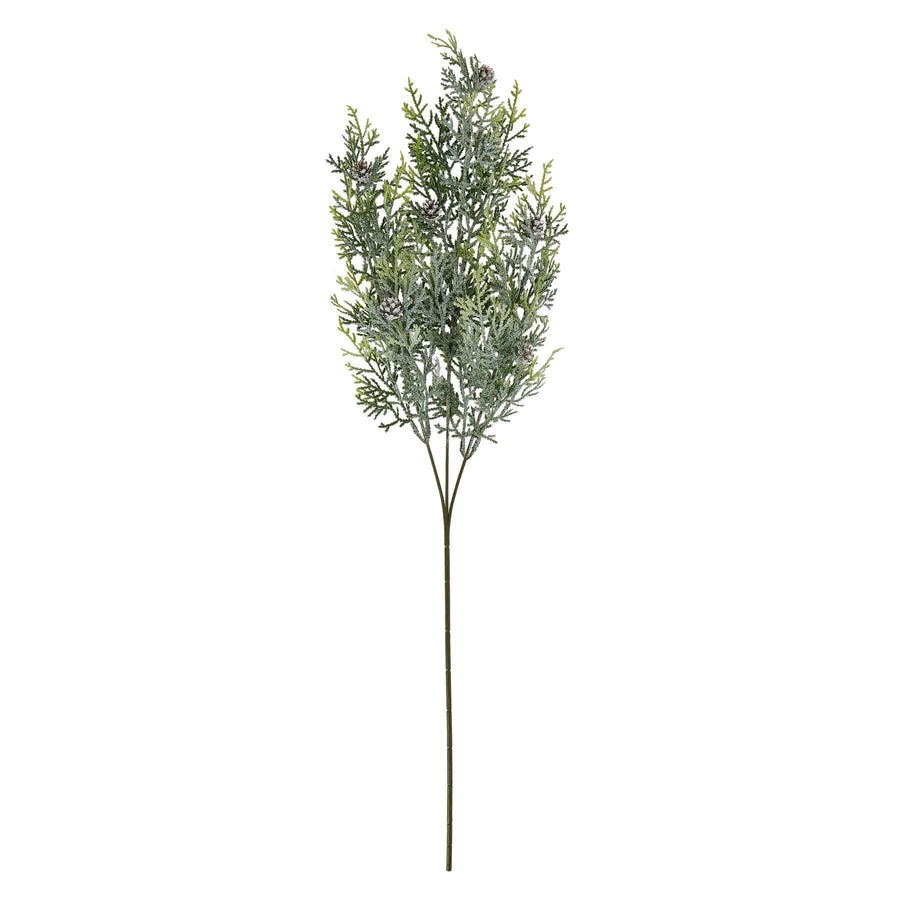Frosted white pine stem arrangement with realistic needles and pinecones for winter decor by Sostter at brixbailey.com