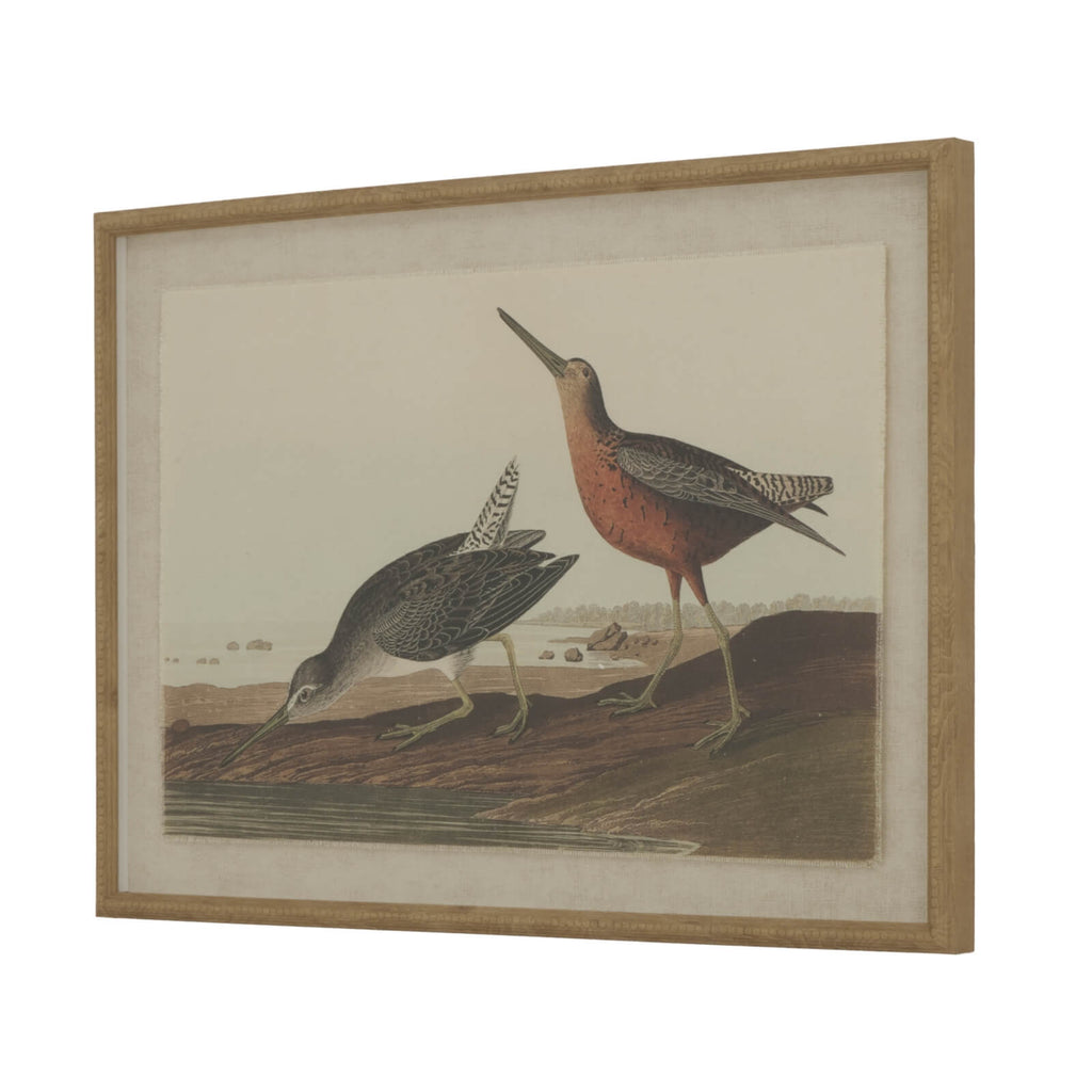 Handcrafted linen artwork featuring delicate snipes in earthy tones with beaded frame, 45x62cm, nature-inspired wall decor by Sostter at brixbailey.com