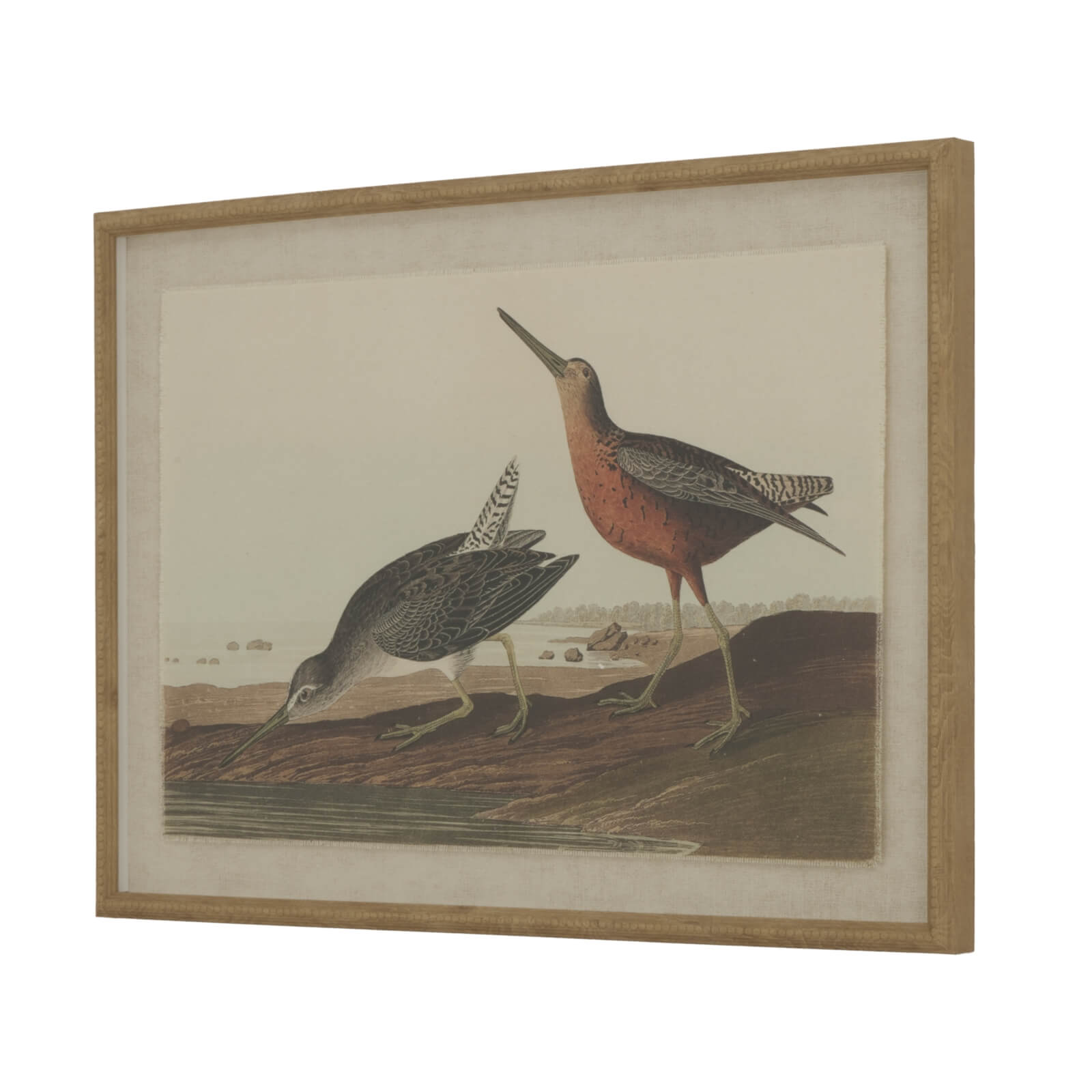 Handcrafted linen artwork featuring delicate snipes in earthy tones with beaded frame, 45x62cm, nature-inspired wall decor by Sostter at brixbailey.com