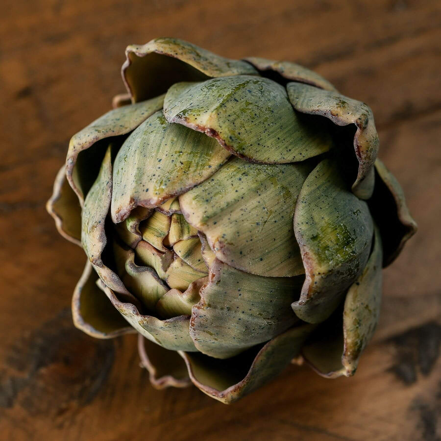 Realistic artificial artichoke decor with lifelike green leaves, perfect for botanical arrangements by Sostter at brixbailey.com