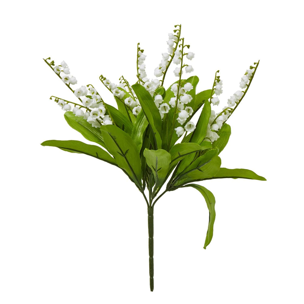 Lifelike white lily of the valley artificial flowers with green foliage in a tabletop arrangement, 32 cm tall by Sostter at brixbailey.com