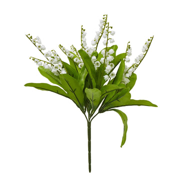 Lifelike white lily of the valley artificial flowers with green foliage in a tabletop arrangement, 32 cm tall by Sostter at brixbailey.com
