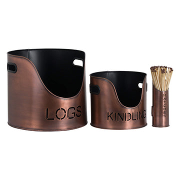 Copper log and kindling bucket set with match holder - rustic metal fireplace storage in warm copper finish by Sostter at brixbailey.com