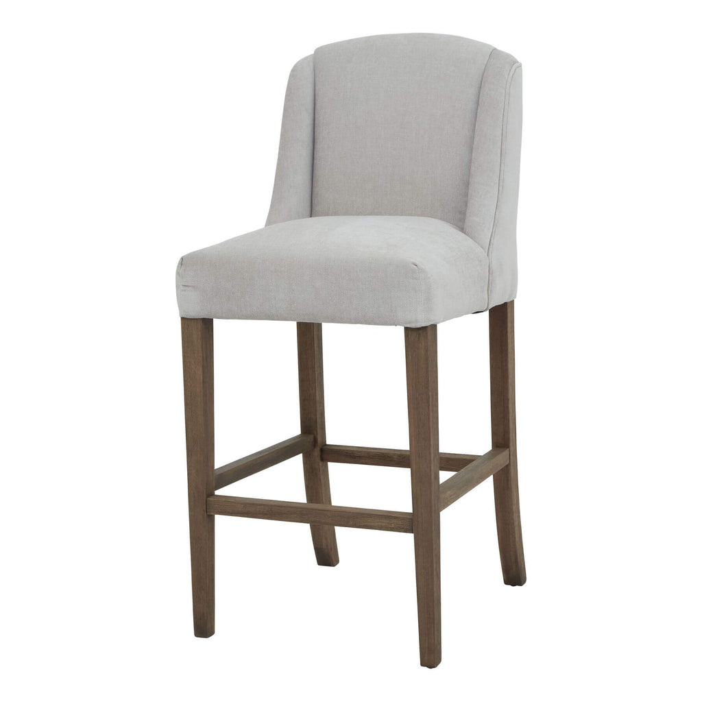 Compton grey barstool with woven fabric seat on solid rubberwood frame, light grey upholstery, modern kitchen seating by RoomLondon at brixbailey.com