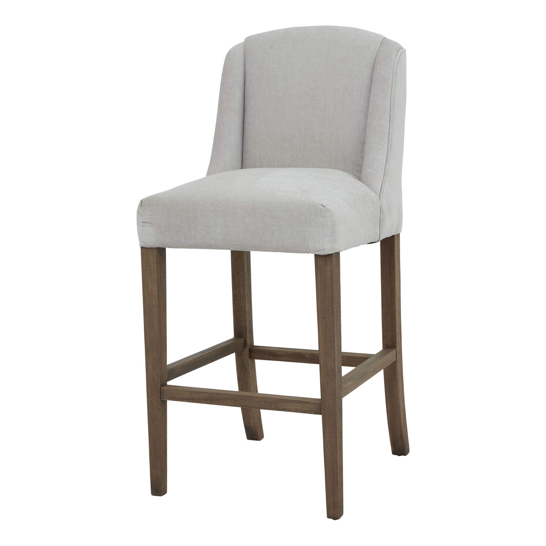 Compton grey barstool with woven fabric seat on solid rubberwood frame, light grey upholstery, modern kitchen seating by RoomLondon at brixbailey.com