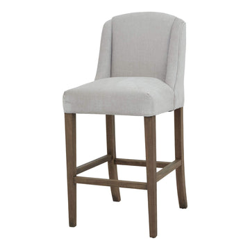 Compton grey barstool with woven fabric seat on solid rubberwood frame, light grey upholstery, modern kitchen seating by Sostter at brixbailey.com