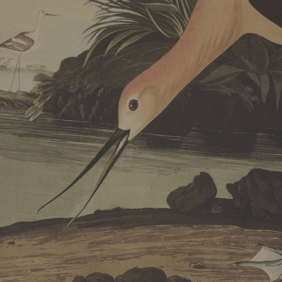 Hand-painted Avocet bird artwork on natural linen with beaded frame, earthy brown tones, 45x62cm by Sostter at brixbailey.com