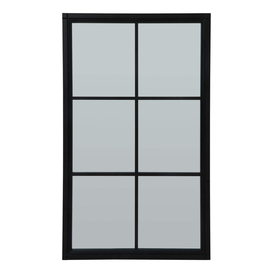 Matte black wooden window-style mirror with grid pattern, 150cm x 90cm, enhances space and light in modern interiors by Sostter at brixbailey.com
