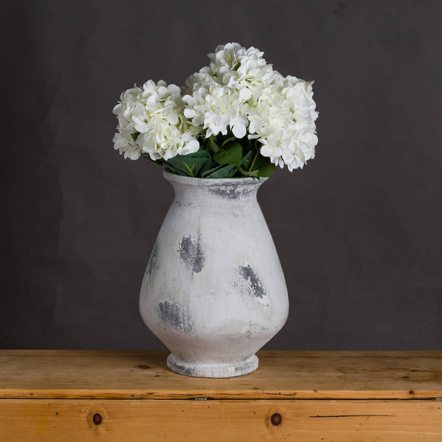 Large antique white Greek ceramic vase, 43cm tall with wide 32cm opening, for floral arrangements and home decor. by Sostter at brixbailey.com