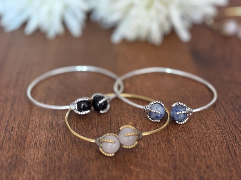Gem Duo Adjustable Wire Bangles - Delicate wire bangles with paired gemstones—ethereal and stackable.