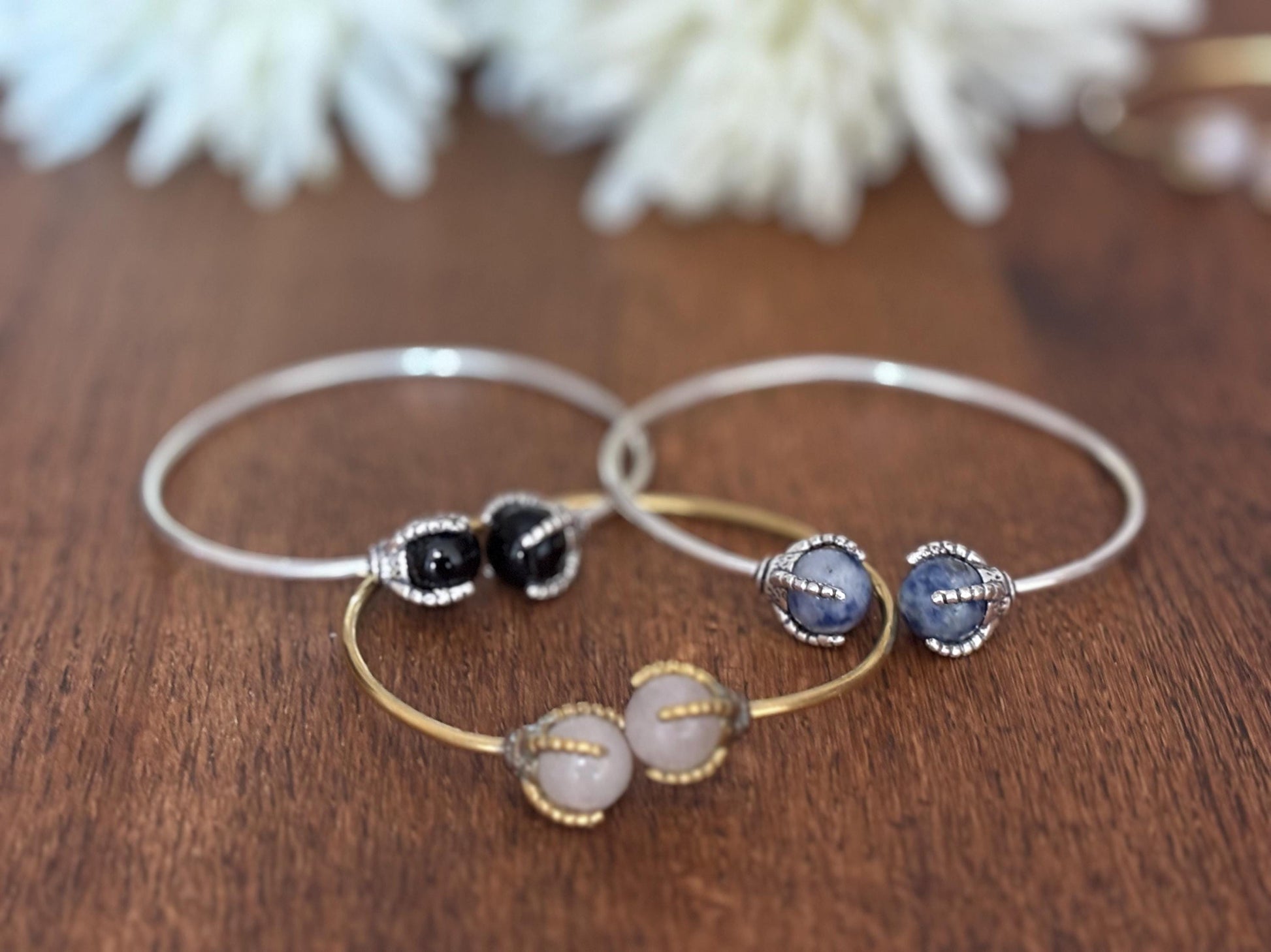 Gem Duo Adjustable Wire Bangles - Delicate wire bangles with paired gemstones—ethereal and stackable.