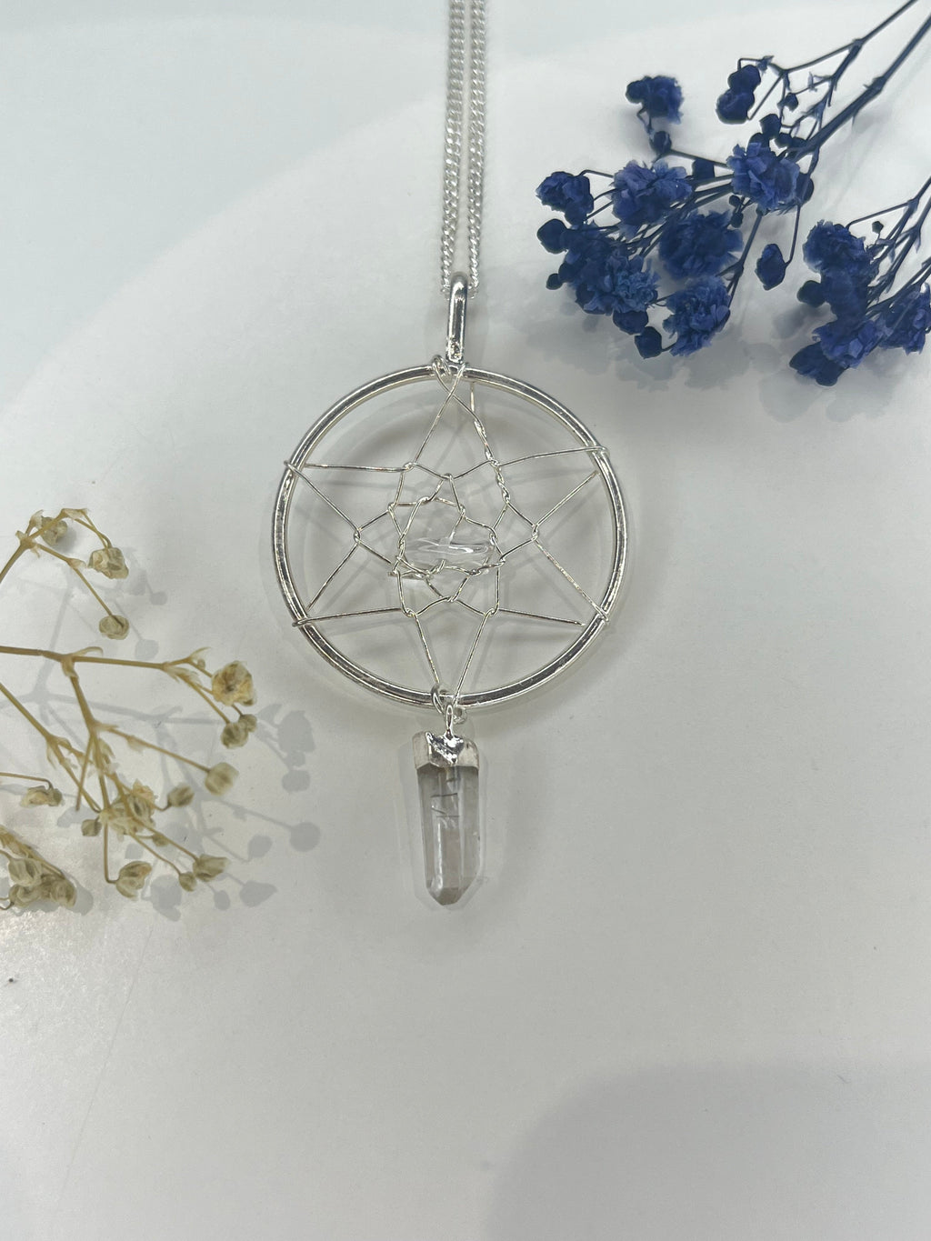 Quartz Dreamcatcher Pendant Necklace with Silver Plated Chain