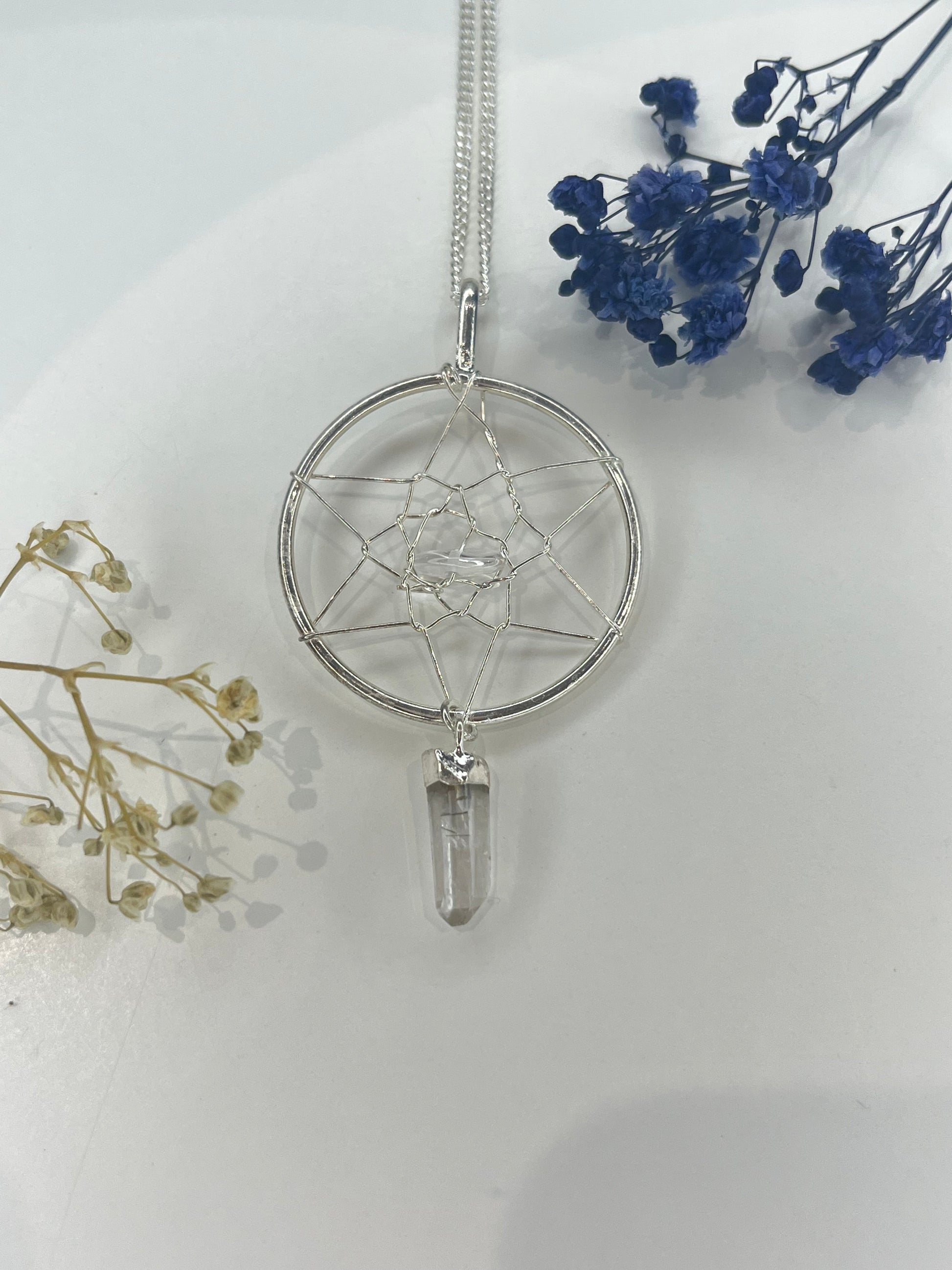 Quartz Dreamcatcher Pendant Necklace with Silver Plated Chain