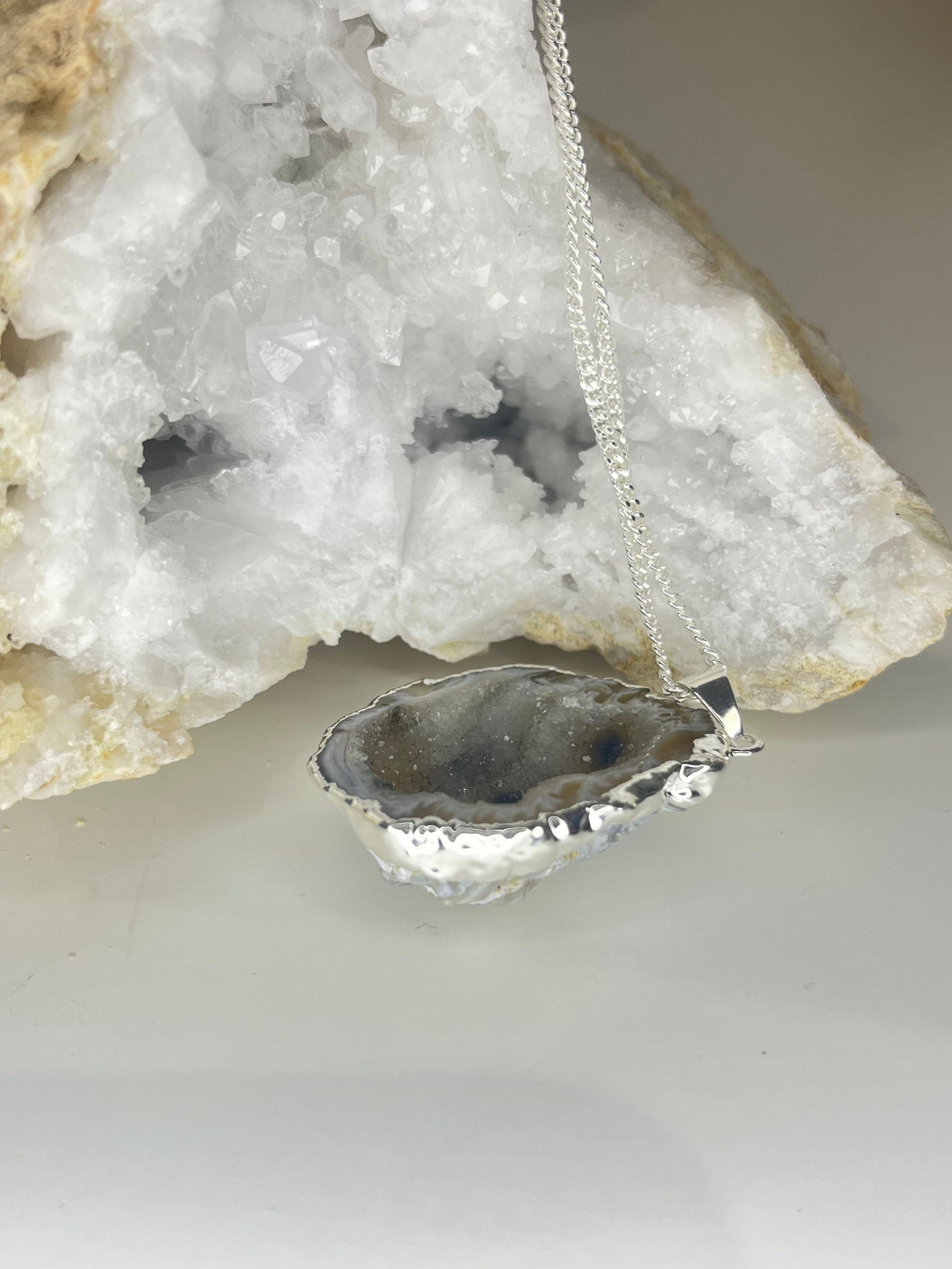 Natural Open Agate Geode Necklace in Silver