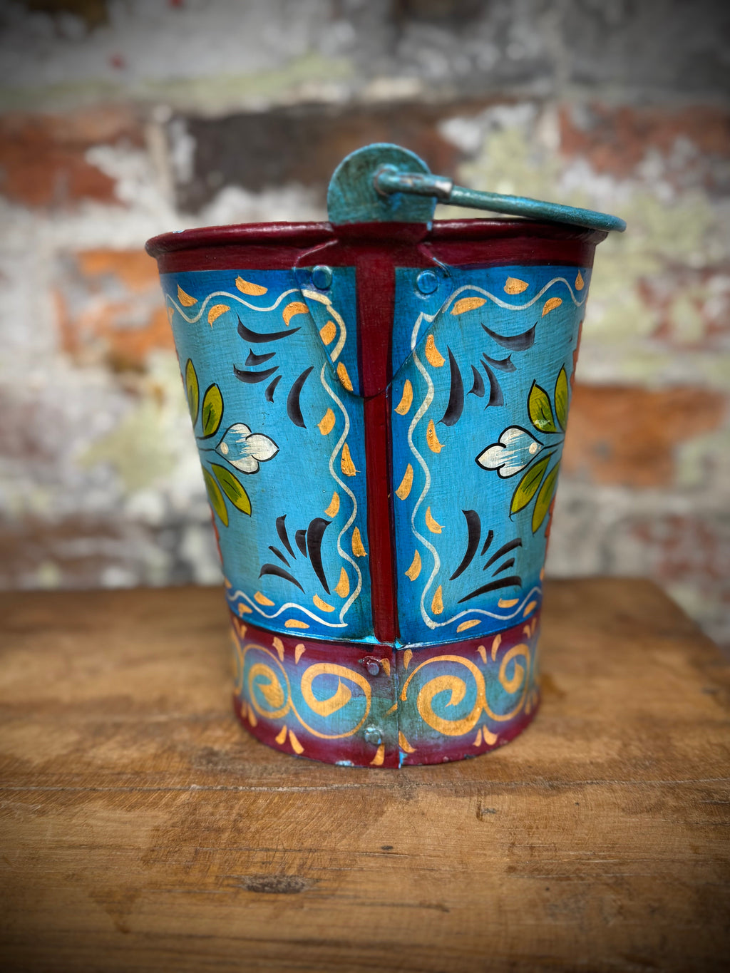 Vintage Small Hand Painted Bucket / Plant Pot / Herb Planter / Blue / Pail