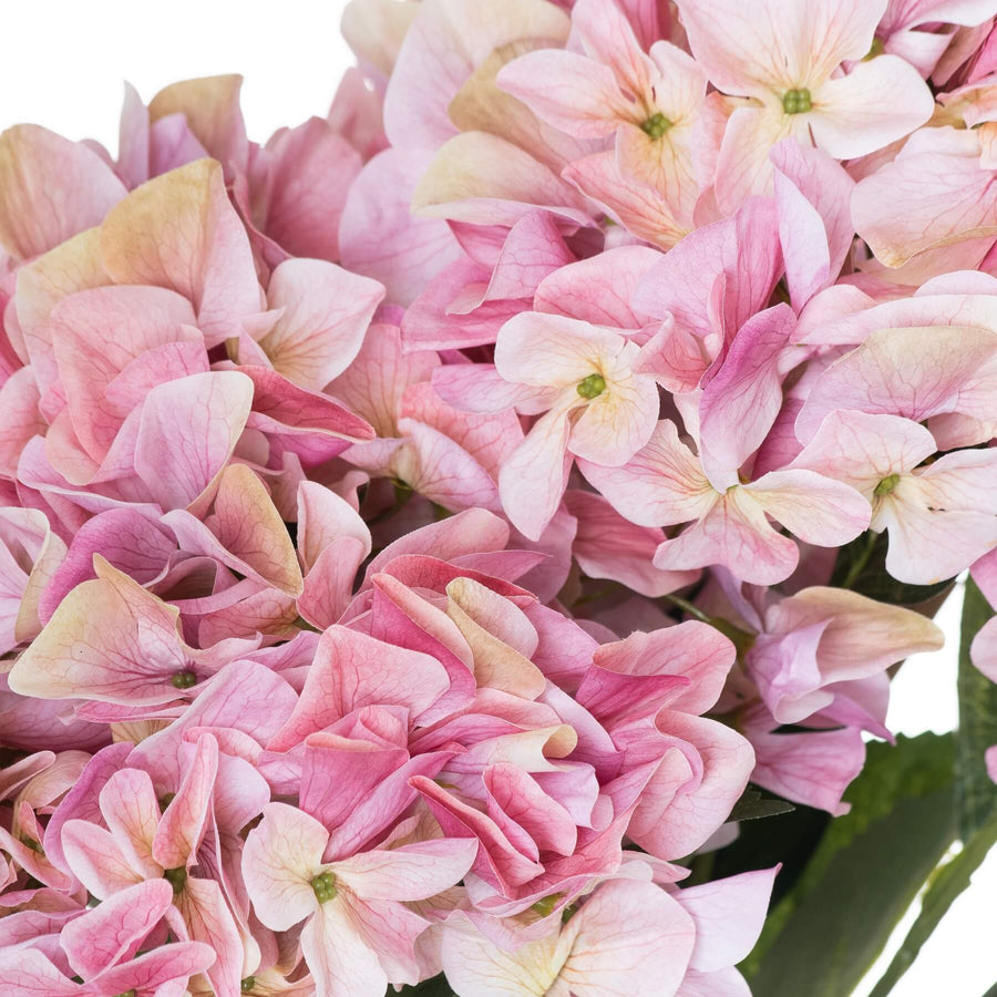 Lifelike pink hydrangea bouquet with soft gradient petals, artificial floral arrangement for home decor by Sostter at brixbailey.com