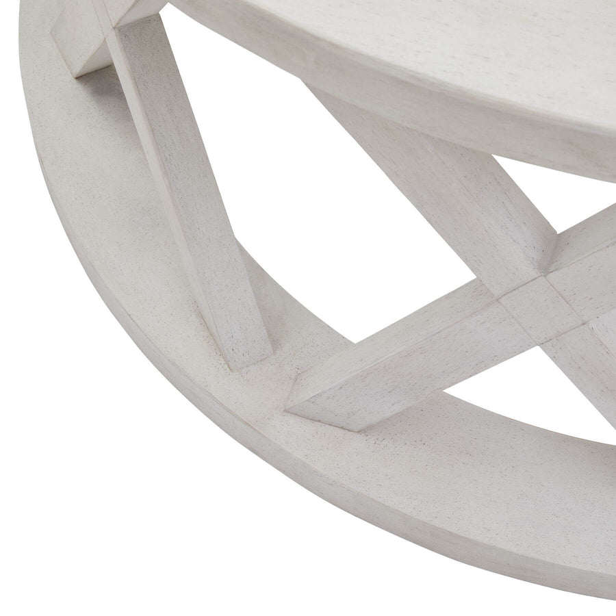 Distressed white pine round coffee table with lattice pattern, rustic modern design, 100cm diameter by Sostter at brixbailey.com
