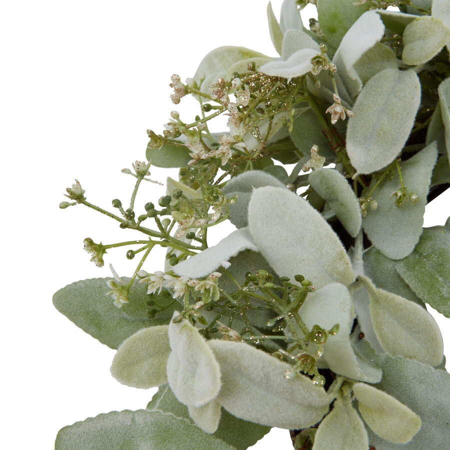 Handcrafted winter wreath with lamb's ear and wax flowers in crisp white and green, 45cm diameter, for seasonal door decor by Sostter at brixbailey.com