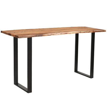Live edge acacia wood bar table with black metal base, showcasing natural grain in modern rustic style  by Sostter at brixbailey.com
