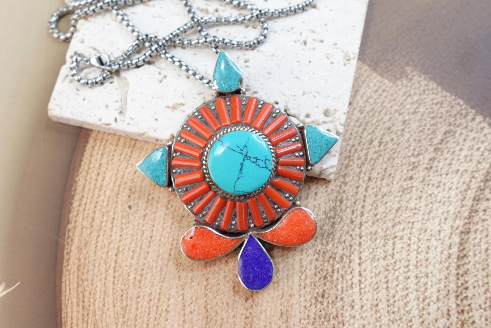 Very large traditional Tibetan pendant-Natural Coral Turquoise Jewellery-Natural Stones.