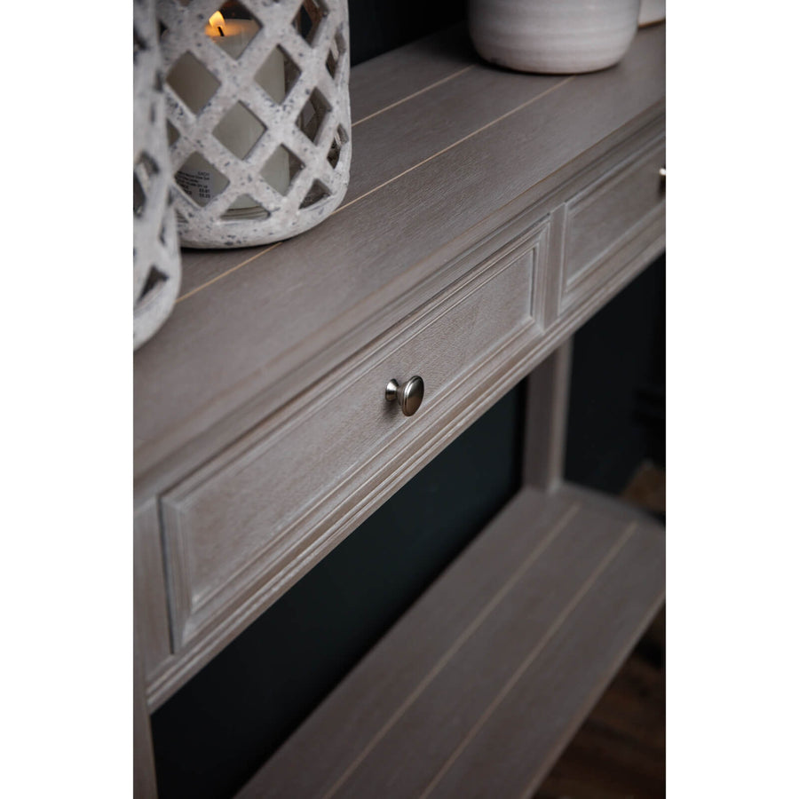 Grey wood console table with two drawers, elegant design for modern or transitional decor by Sostter at brixbailey.com