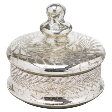 Handcrafted silver foil glass trinket jar for jewelry or decor, 15cm tall with elegant light-reflecting etching by Sostter at brixbailey.com