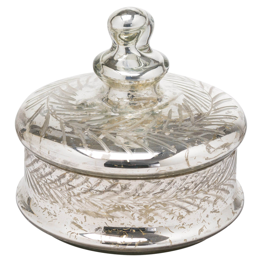 Handcrafted silver foil glass trinket jar for jewelry or decor, 15cm tall with elegant light-reflecting etching by Sostter at brixbailey.com
