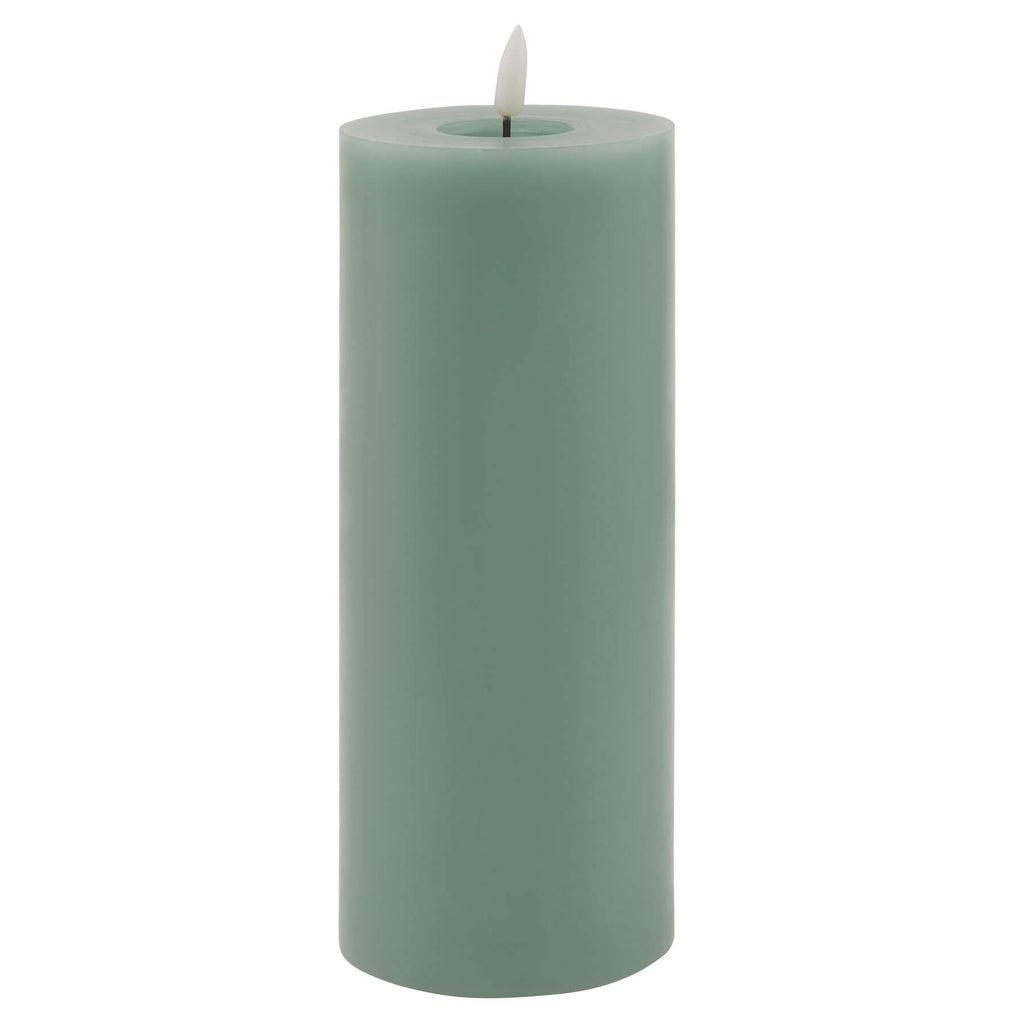 Realistic sage LED wax candle with flickering flame effect for flameless ambiance, battery-powered home decor by Sostter at brixbailey.com