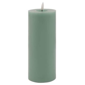 Realistic sage LED wax candle with flickering flame effect for flameless ambiance, battery-powered home decor by Hill Interiors at brixbailey.com