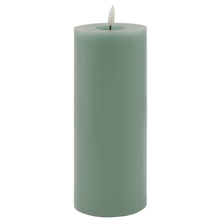 Realistic sage LED wax candle with flickering flame effect for flameless ambiance, battery-powered home decor by Sostter at brixbailey.com