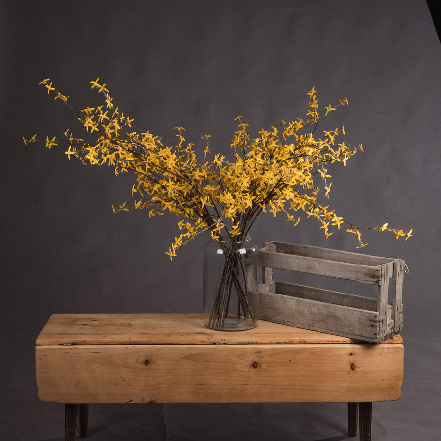 Lifelike artificial Forsythia branch with vibrant yellow flowers, hyper-realistic plastic petals, and natural stem arrangement. by Sostter at brixbailey.com