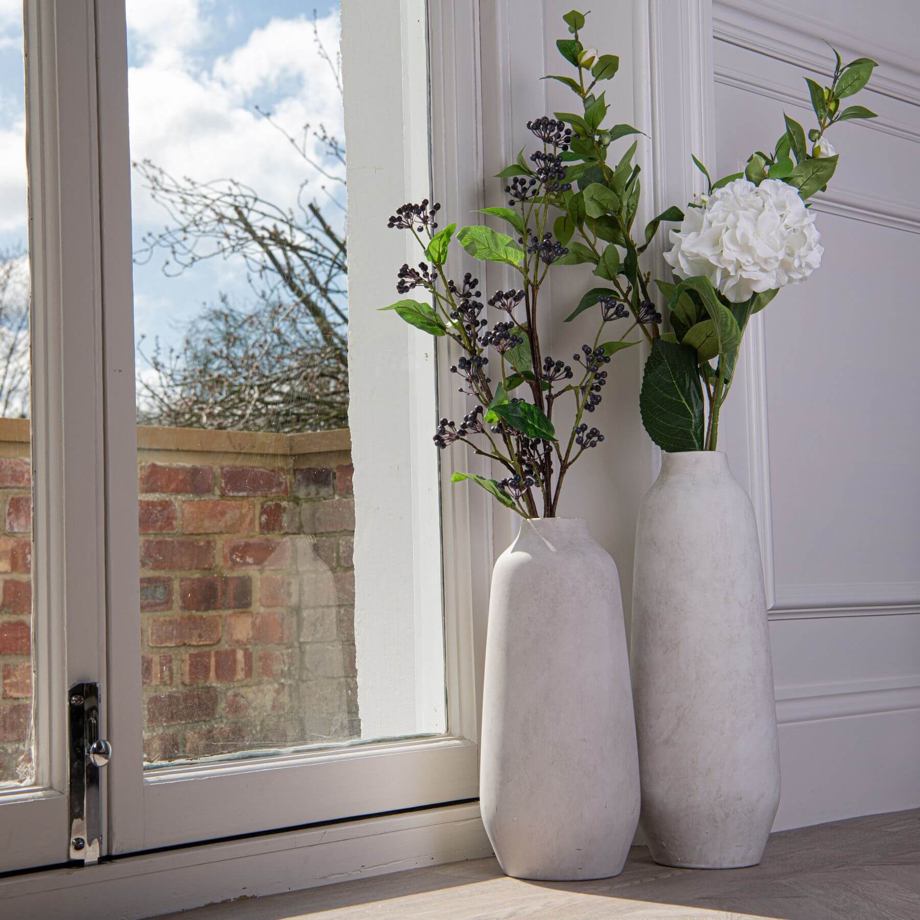 Darcy Ople Vase in neutral stone ceramic, slender neck for floral arrangements, rustic-modern home decor centerpiece by Sostter at brixbailey.com
