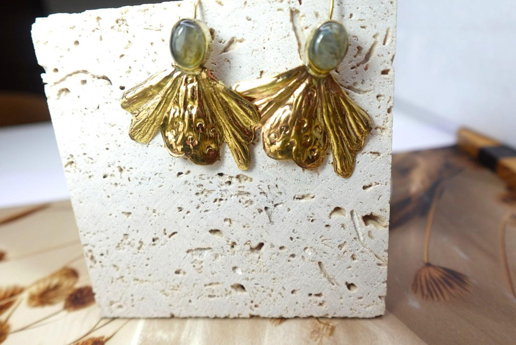 Textured Gold Bloom Earrings with Moonstone/Labradorite Tops – Brass Boho Statement.