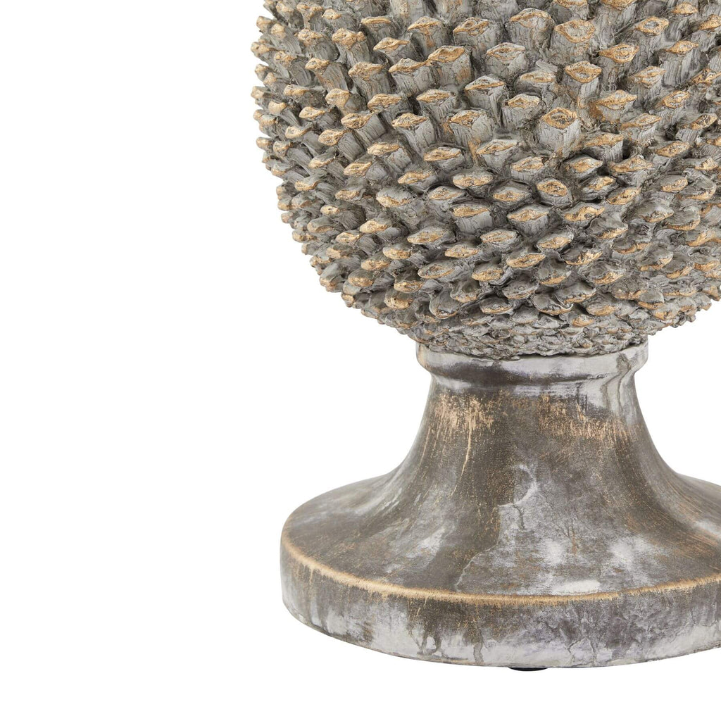 Handcrafted grey ceramic pinecone ornament with gold accents, 35cm tall, natural stone texture and artisanal design. by Sostter at brixbailey.com