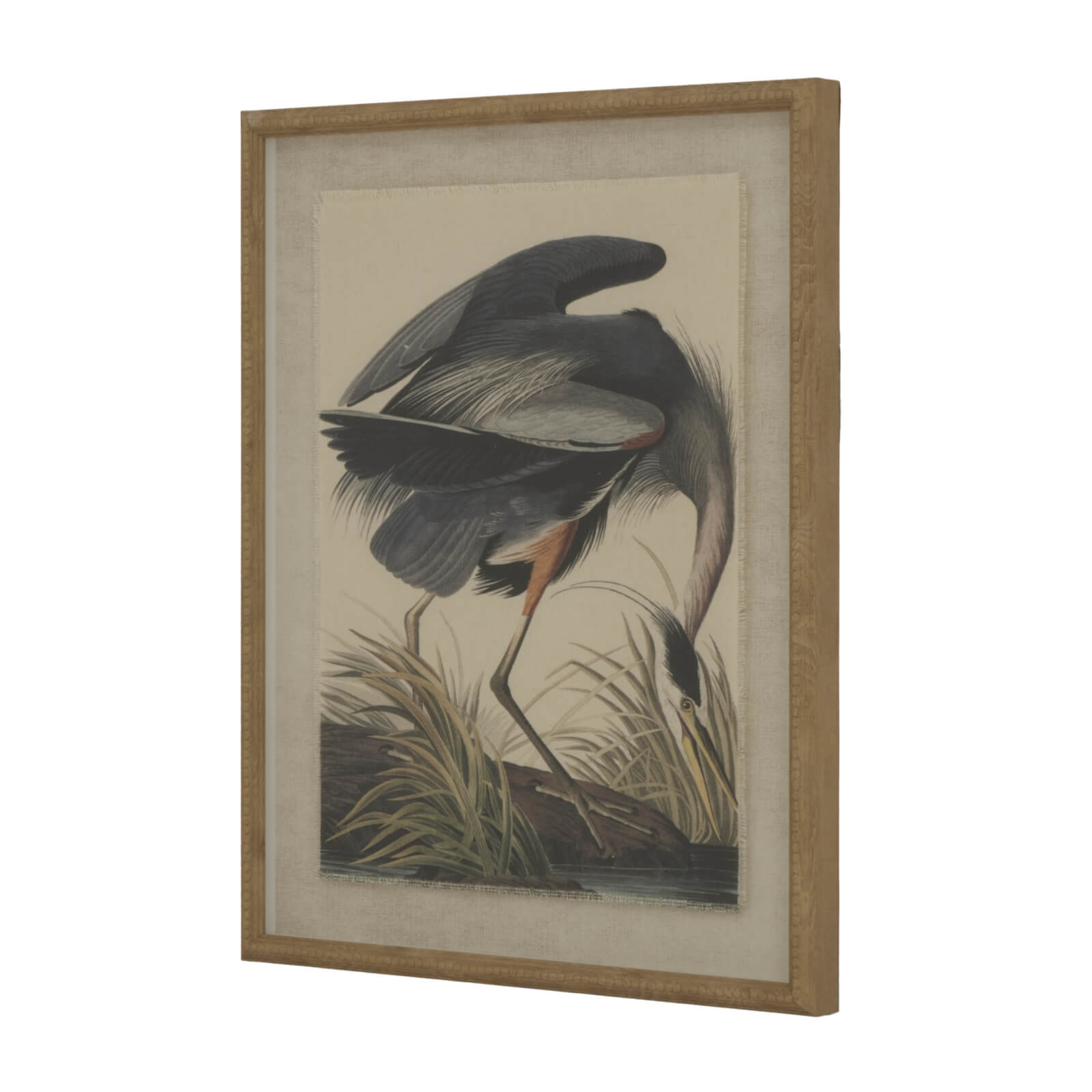 bold close-up of handcrafted beaded heron linen art with dramatic lighting on its textured feathers