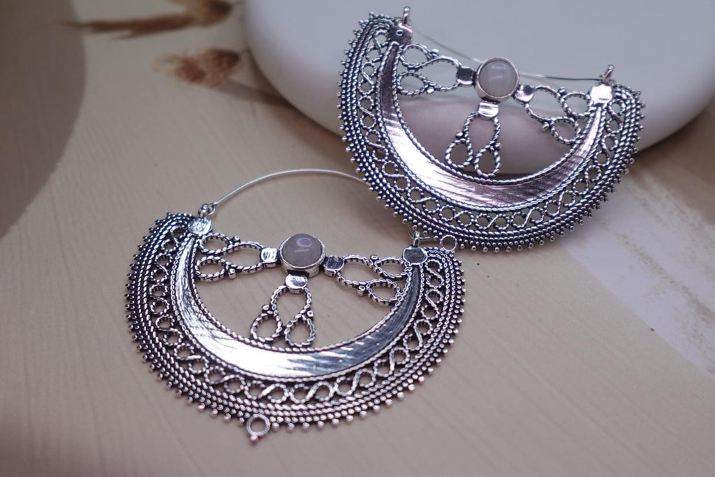 Filigree Crescent Moon Earrings with Gemstone.