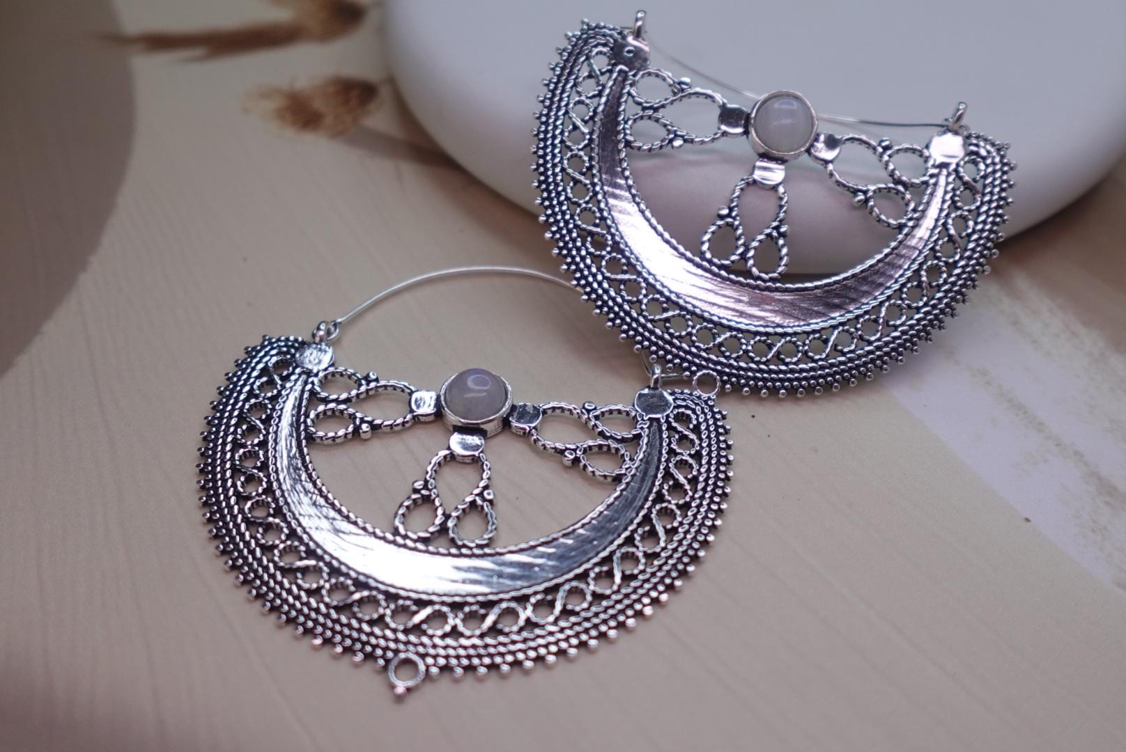 Filigree Crescent Moon Earrings with Gemstone.