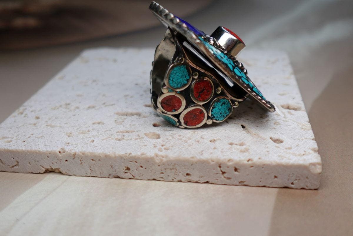 Tibetan Mosaic Heritage Rings – Boho Gemstone-Inspired Statement Rings.