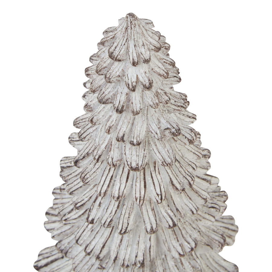 Handcrafted white resin winter fir tree sculpture with snow-dusted branches, Scandinavian minimalist decor by Sostter at brixbailey.com