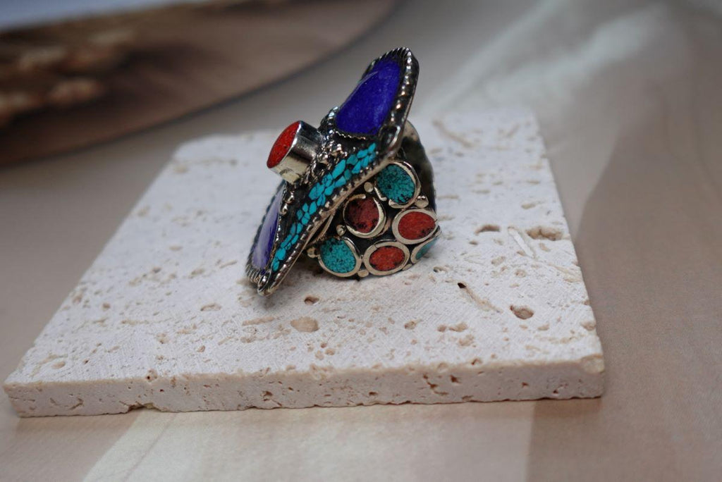 Tibetan Mosaic Heritage Rings – Boho Gemstone-Inspired Statement Rings.