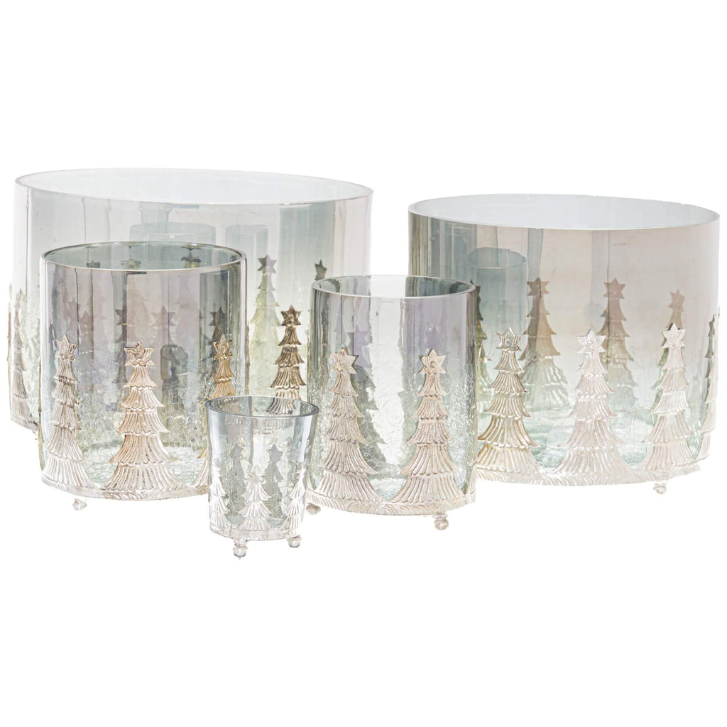 Small frosted glass Christmas tree candle holder with crackled finish, glowing candle inside for festive decor by RoomLondon at brixbailey.com
