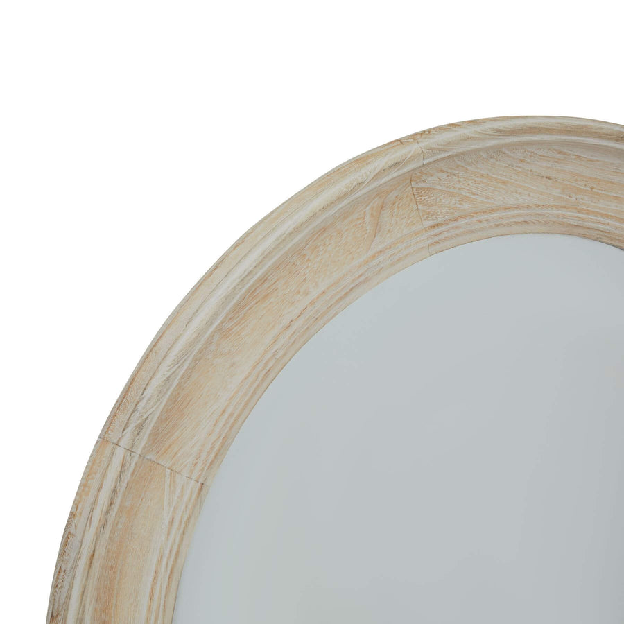 Washed wood round mirror with antique white finish, 90cm diameter, distressed detailing on solid wood frame. by Sostter at brixbailey.com