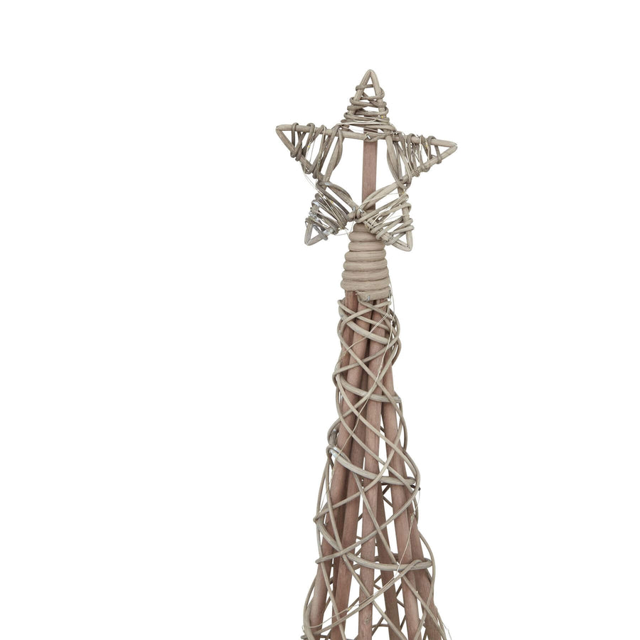 Handwoven wicker Christmas tree centerpiece with warm LED lights, rustic brown finish, and star topper, 130cm tall. by Sostter at brixbailey.com