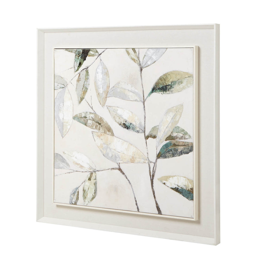 Dolce Dapple Leaf framed painting, muted earth tones on white wood frame, 100cm square botanical wall art by Sostter at brixbailey.com