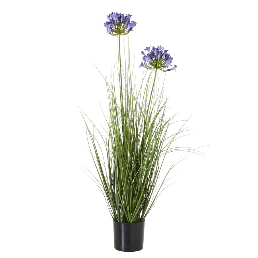 Lifelike artificial agapanthus arrangement with soft blue blooms and green stems in black pot, 90cm tall by Sostter at brixbailey.com