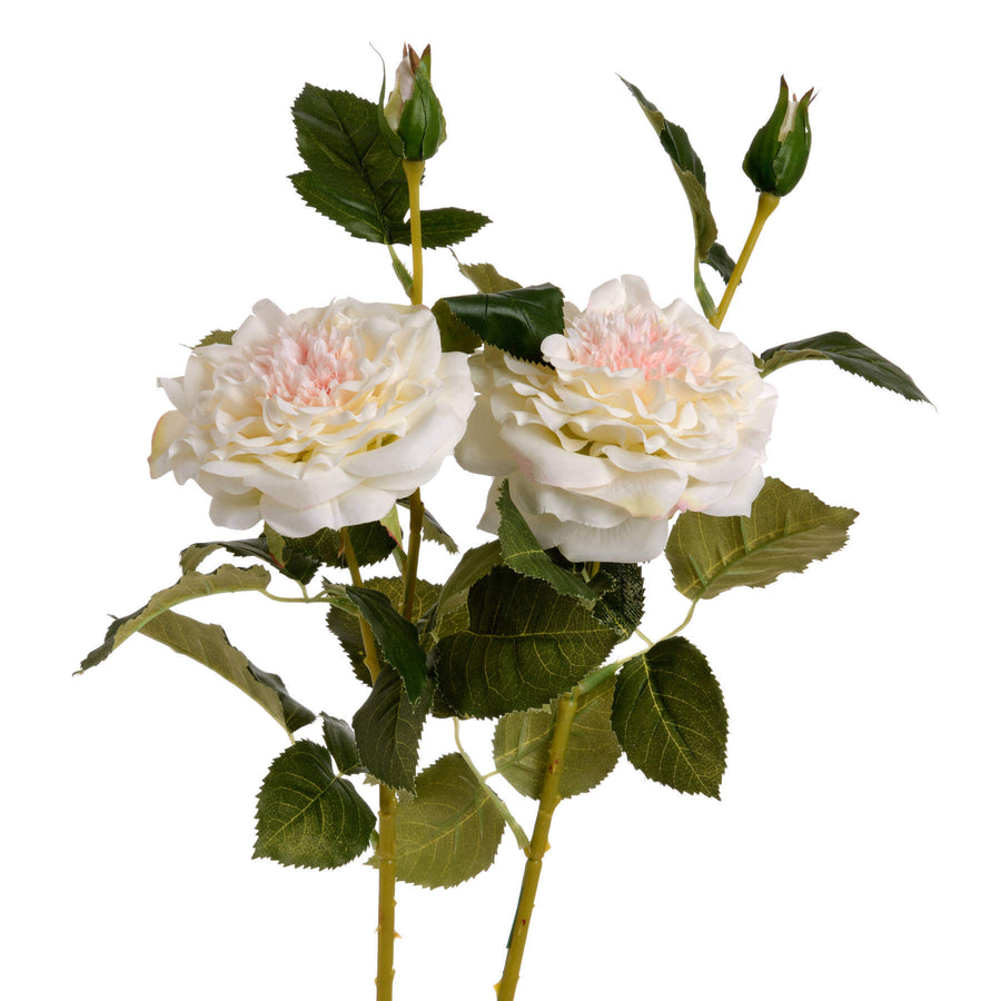 Lifelike white garden rose spray with ivory blooms and textured leaves for elegant home decor by Sostter at brixbailey.com