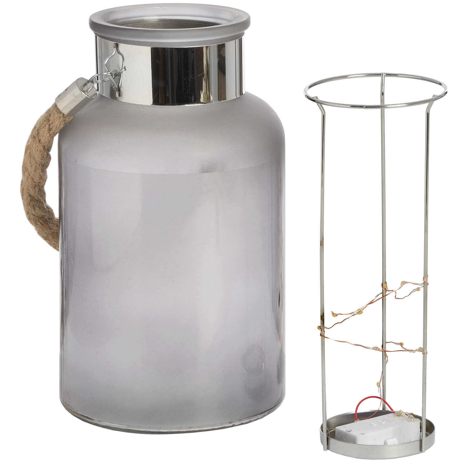 Frosted grey glass lantern with rope handle and LED lights, glowing starlight effect for indoor or outdoor ambiance. by Sostter at brixbailey.com