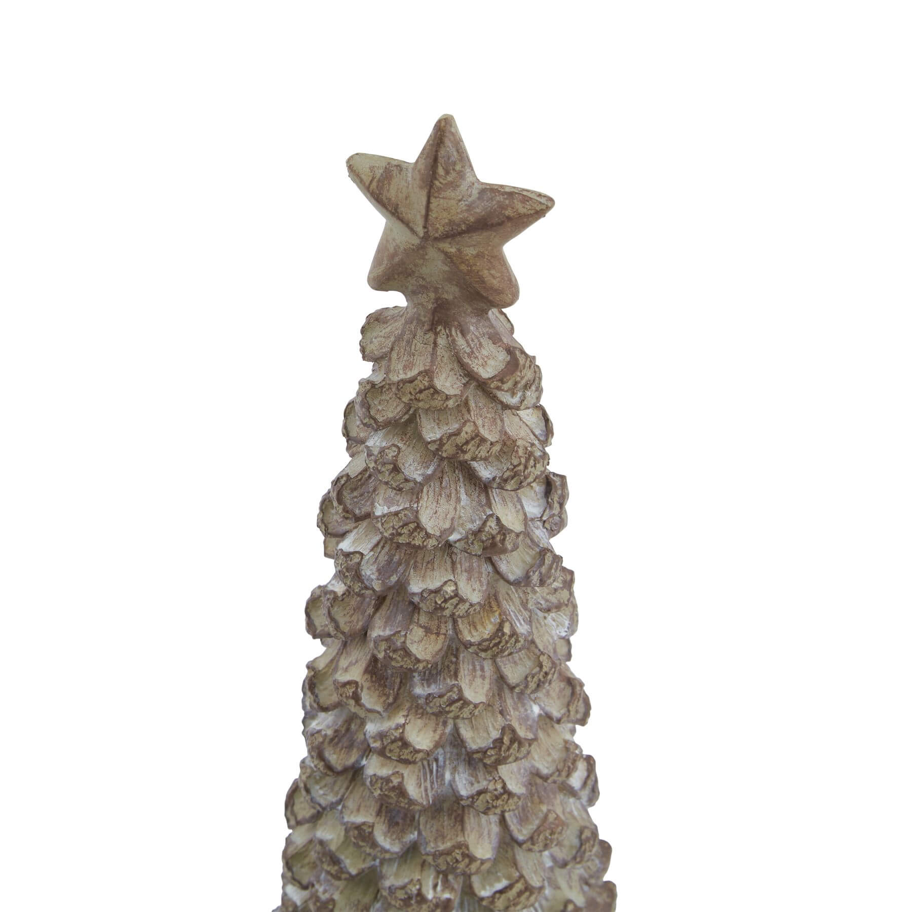 Handcrafted beige resin holiday tree with wood texture, 26cm tall, topped with glowing star for festive decor. by Sostter at brixbailey.com