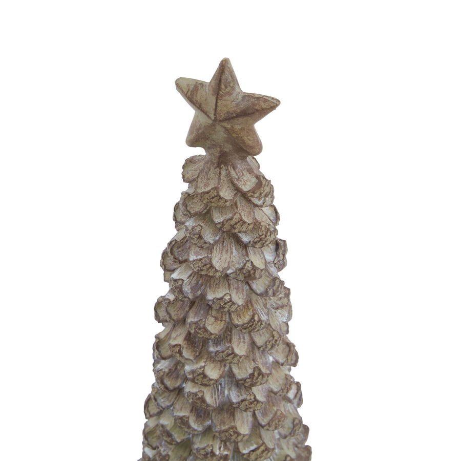 Handcrafted beige resin holiday tree with wood texture, 26cm tall, topped with glowing star for festive decor. by Sostter at brixbailey.com