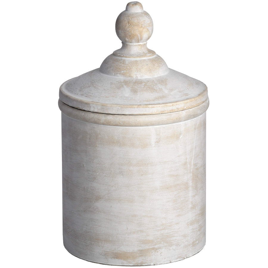 Antique white stone canister with rustic texture, perfect for kitchen storage or home decor accent by Sostter at brixbailey.com